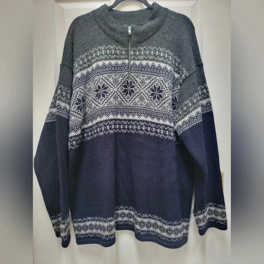 Herman Geist 100% Wool Men's  Quarter Zip Nordic Sweater Size XL